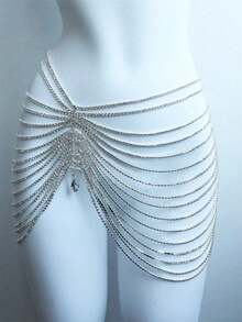 1pc Elegant Teardrop Tassel Waist Chain, Bridal Wedding Beach Party Body Jewelry, Fashionable Women Accessory - Silver - View 2