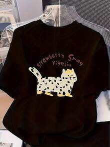 Camiseta de Manga Corta  Pura con Estampado de Gatito para Mujer - Camiseta Casual y Moderna con Cuello Redondo, Versátil y Adorable con Diseño de Animal - Negro - Ver 4