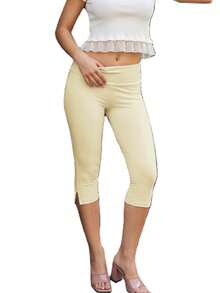 Women's Side Slit Fold Over Capri Leggings Y2K Low Rise Flared Pants Stretch Lounge Yoga Athletic Cropped Pants Bell Bottoms - 黃色 - 查看 4
