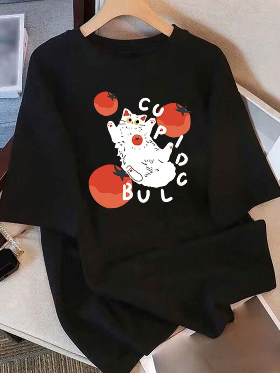 Camiseta manga corta cuello redondo 100% algodón, estampado trendy, tejido ligero y ventilado, estilo moda casual, apta para vida diaria, salidas informales y citas en primavera, verano y otoño - Negro - Ver 1