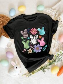 Women's Short Sleeve T-Shirt - Floral Rabbit Print, Casual Round Neck Top, Stretchy And Comfortable Fit For Spring, Summer And Autumn, Machine Washable, Available In Sizes S-XXL, Gnome T-Shirt, Stylish Printed Shirt, Opaque Material - Hitam - View 6