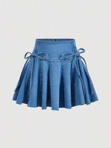 Knot Side Pleated Denim Skirt - Lavado ligero - Ver 1