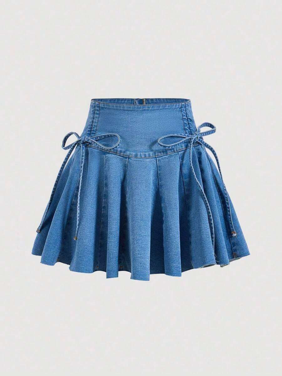 Knot Side Pleated Denim Skirt - Lavado ligero - Ver 1