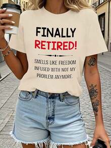 CHICLY19 Graphic Tees Retirement Print T-Shirt, Women's Casual Short Sleeve Crew Neck T-Shirt, Funny Retirement Slogan Print, Loose Fit 100% Cotton Summer T-Shirts For Women, Perfect For Retirement Gift, Retirement Party, Daily Wear, Vacation, Summer Cotton T-Shirts. - 杏色 - 查看 8