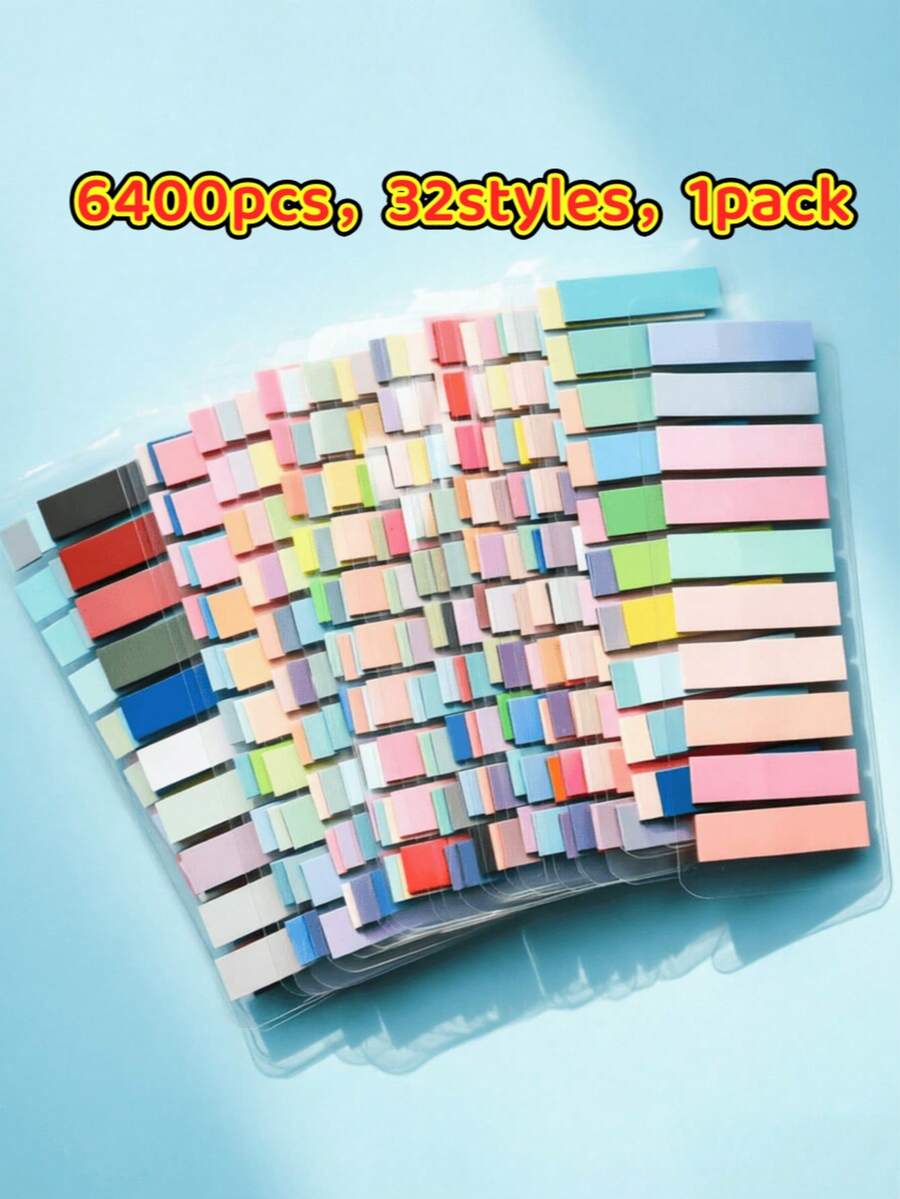 6400pcs, 32 Styles/Pack - Retro European Fluorescent PET Sticky Notes, Morandic Color Tones, Soft Hues And Vintage Colors, Transparent Index Tabs For Easy Organization - Multicolor - View 1