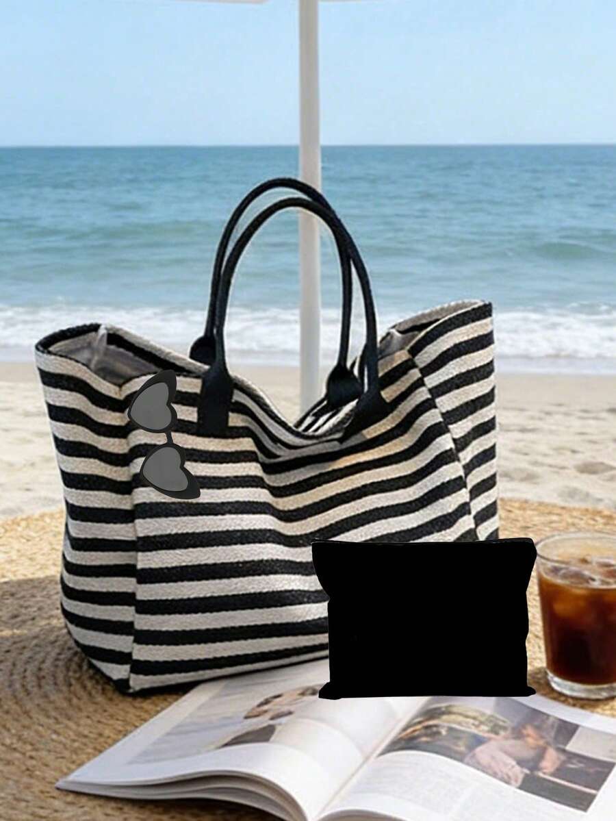 Large Capacity Black & White Striped Beach Tote Bag, Foldable Canvas Shoulder Bag, Waterproof & Sand-Proof Travel Bag, Suitable For Summer Essentials, Perfect For Beach Travel, Swimming, Shopping And Daily Use, Suitable For Women, Travelers And Beach Lovers, Great For Spring Break, Easter, Mother's Day, Vacation And Gifts, Durable Woven Material, Can Be Used As Beach Bag, Shopping Bag And Travel Companion