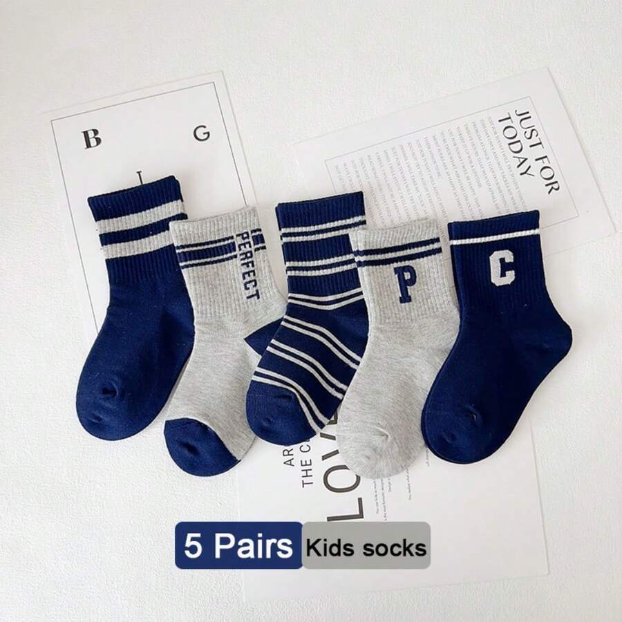 5 Pairs Kids Retro Striped Letter Mid-Calf Socks, Soft Collegiate Style Casual Sports Crew Socks - Black - View 1