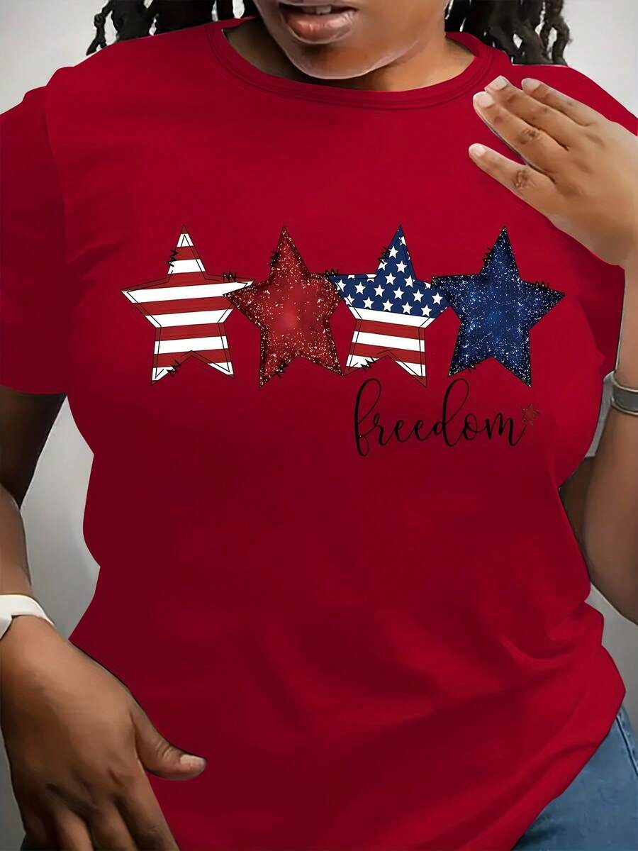 1 Piece - Women's Plus Size T-Shirt With American Patriotic Flag Design - Red With White And Blue Stars, Soft Crew Neck, Short Sleeve, Comfortable Top For Casual Wear, Machine Washable, Suitable For All Seasons, Holiday Wear, And Everyday Wear. | Patriotic Design | Durable Fabric, American Flag Clothing, 180g, 100% Cotton - 紅色 - 查看 1