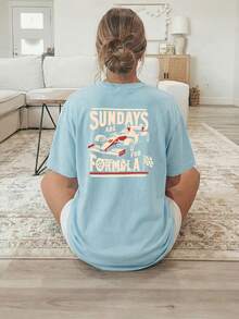[Double-Sided Print] Women T-Shirt, Racing Cars "SUNDAYS ARE For FORMULA" Text, Casual Summer Short Sleeve Tee, High Quality - Sky Blue - View 2