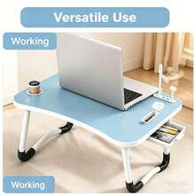 Portable Folding Laptop Desk With Cup Holder & Tablet Slot - Ideal For Work, Writing, Drawing & Eating In Bed Or On The Go, Bedside Table, Lazy Folding Small Table, Desk & Drawer Organizer For Home Storage - 藍色 - 查看 3