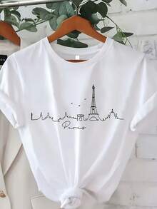 Women's Short-Sleeved Cotton T-Shirt With Parisian Monuments Print - Eiffel Tower And City Skyline Design With Cursive Lettering, Breathable, Crew Neck, Regular Fit, Machine Washable, For Casual And Light Outfits, Informal Style, Graphic T-Shirt, Durable Fabric. - 白色 - 查看 1