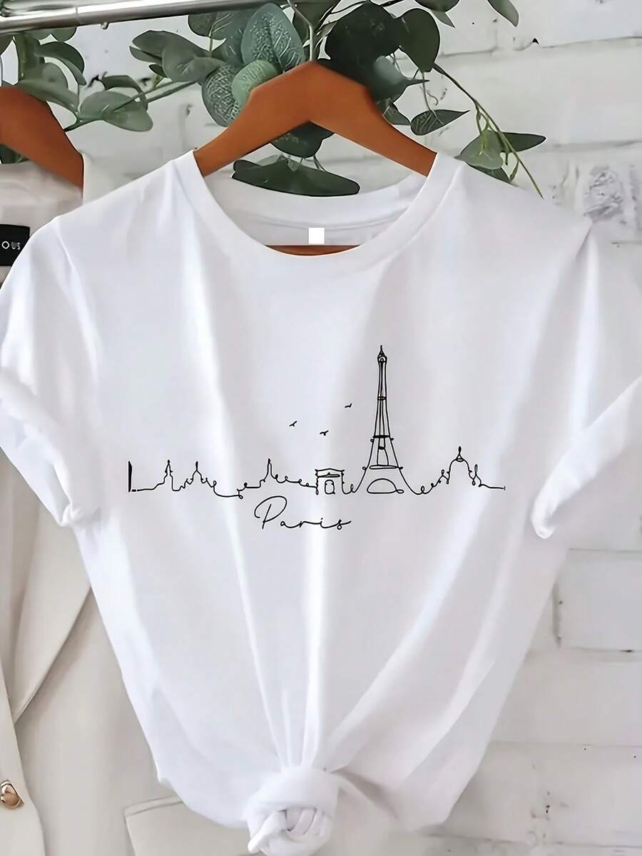 Women's Short-Sleeved Cotton T-Shirt With Parisian Monuments Print - Eiffel Tower And City Skyline Design With Cursive Lettering, Breathable, Crew Neck, Regular Fit, Machine Washable, For Casual And Light Outfits, Informal Style, Graphic T-Shirt, Durable Fabric. - 白色 - 查看 1
