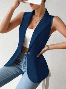Blazer sin mangas de estilo elegante de color verde oliva para mujer, chaleco casual con solapa y botón en tela tejida lisa, corte regular - Azul - Ver 6