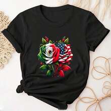 Women's Cotton T-Shirts With Round Neck And Graphic Print, Casual Oversized Short Sleeve T-Shirts With Mexican And American Flag Rose Print, Unisex T-Shirts,  Spring And Summer T-Shirts For Women. - 黑色 - 查看 3