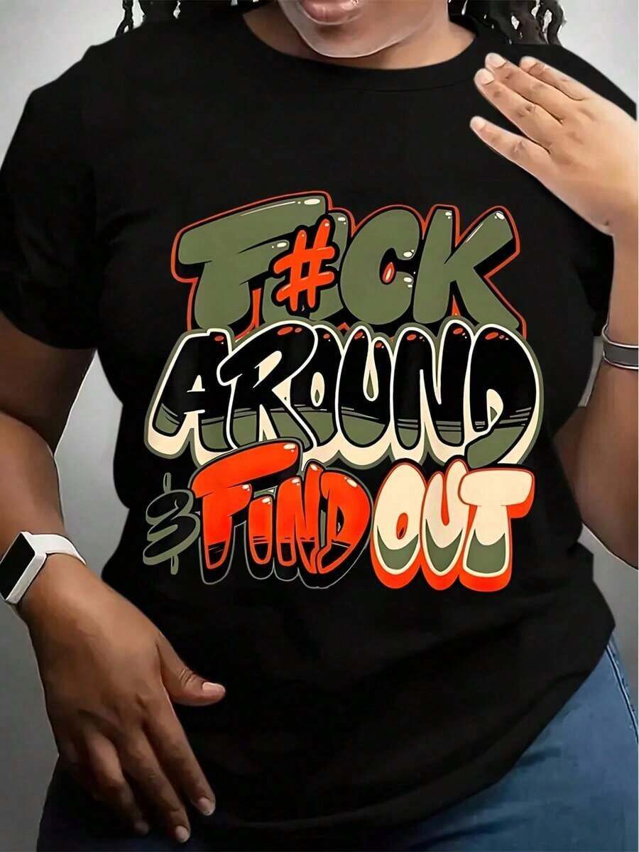 1 Piece Women's Crew Neck T-Shirt, White, Size F # "Ck Around & Find Out" Graphic Print T-Shirt For Casual Wear, 180g, 100% Cotton, Designs Are Fully Printed. Unisex. - 黑色 - 查看 1
