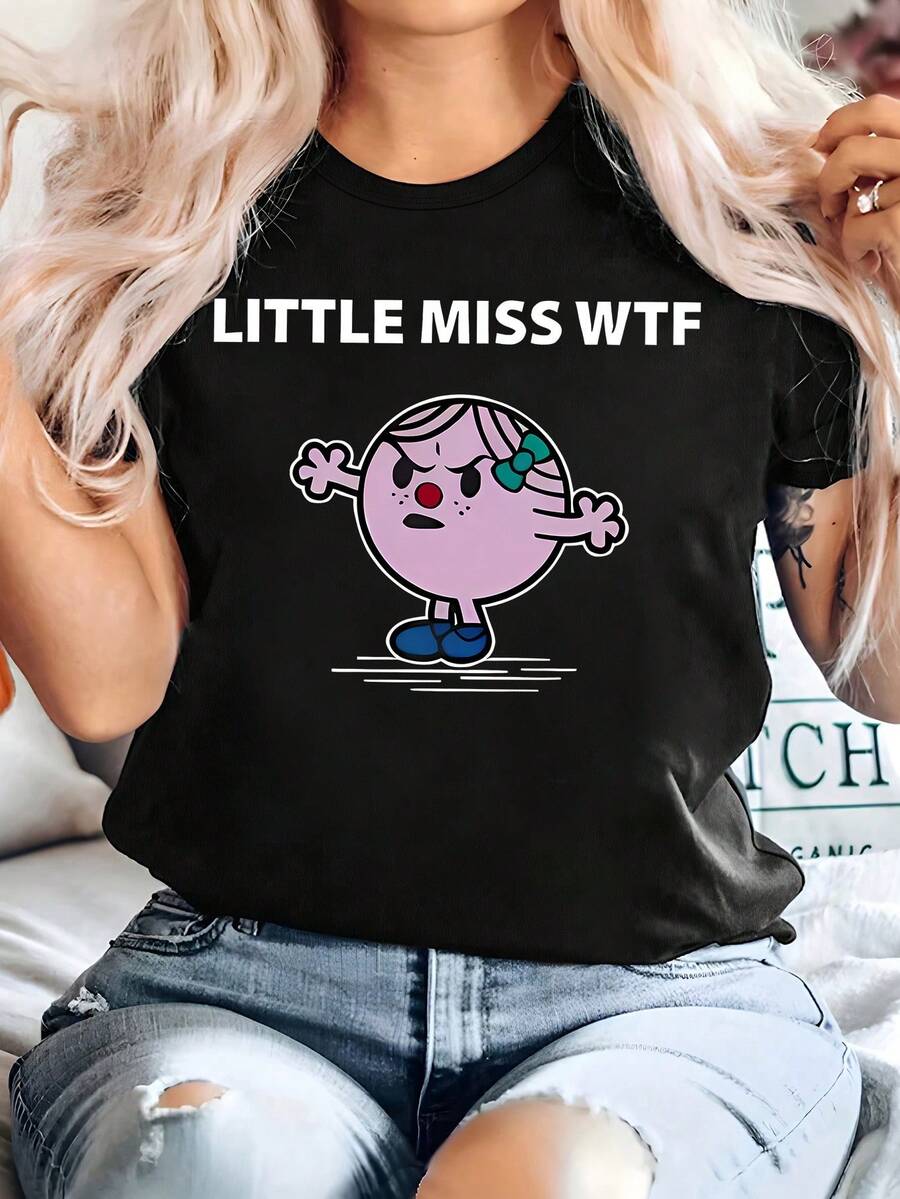 Talla Grande - Talla Grande - (Señorita Perpleja) Camiseta Negra con Estampado de Dibujos Animados para Mujer, Moda Casual de Manga Corta Talla Grande, Tela, Cuello Redondo, Estilo Jersey, Adecuada para Usar en las 4 Estaciones, Regalo Perfecto - Negro - Ver 1