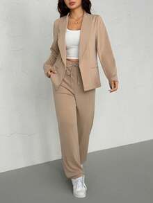 Plus Size Women 2 Pieces Set - Lapel Collar Blazer Jacket And Elastic Waist Pants Suit Elegant Spring - Khaki - View 5