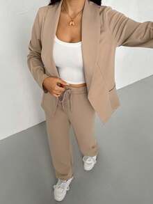 Plus Size Women 2 Pieces Set - Lapel Collar Blazer Jacket And Elastic Waist Pants Suit Elegant Spring - Khaki - View 6