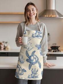 1pc, Lobster, Shell, Sea Turtle, And Fish Pattern Polyester Apron - Suitable For Cooking, Baking, And Gardening, And Can Also Be Used As Attire For The Kitchen And Dining. - Multicolor - View 5