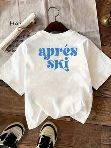 Women's Après-Ski Print Short Sleeve T-Shirt - White With Blue Ski Resort Lettering (APRÈS SKI) - Casual Crew Neck Top For Ski Party Outfits, French Alps Inspired Winter Wear And Y2k Style Layering Everyday Wear. - 黑色 - 查看 2