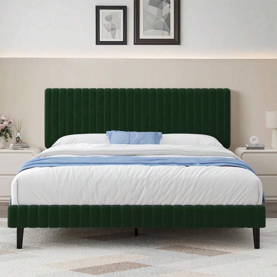 Queen Bed Frame, Upholstered Bed Frame With Headboard And Footboard, Vertical Channel Tufted Headboard, White/ Black/ Pink/ Green/ Blue, Twin/ Full/ Queen/ King - màu xanh lá - Xem 1