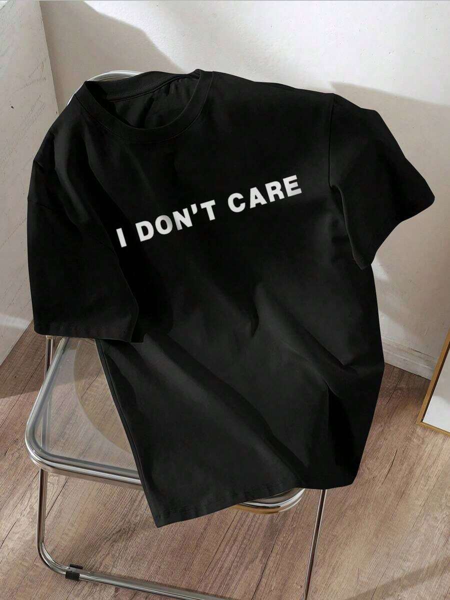 Playera de mujer 100% algodón manga corta cuello redondo "I Don't Care" estilo básico con frase atrevida corte regular para verano - Negro - Ver 1