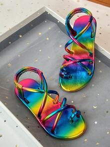 Giày sandal đế bằng quai ngang ánh kim cho trẻ em, quai ngang co giãn, hở mũi, giày casual mùa hè. - Nhiều màu - Xem 9