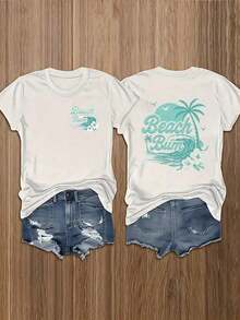 Heavyweight 220g Double-Sided T-Shirt - Tropical Beach Print In Turquoise Blue And White (Palm Tree/Wave/Seashell) - Casual Short Sleeve Crew Neck T-Shirt For Beachwear, Vacation, Daily Wear - Soft And Breathable For All Seasons. - 風格 - 查看 6