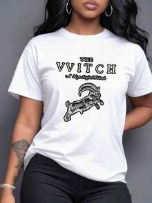 Powerful Illustration Of A Mystical Male Goat With Horns Vigorously Leaping, An Emblem Of Ancestral New England That Evokes Deep Legends And Fascinating Mystery. Women's T-Shirt, 100% Cotton, Maija Women Curvy. - 白色 - 查看 1