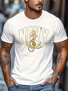 Navy Blue T-Shirt With "Navy" Print - Slightly Stretchy Fabric, Regular Fit, Casual Summer T-Shirt, Anchor Design, Lightweight And Breathable, Suitable For Casual Wear, Breathable Clothing, T-Shirt With Bold Print, Comfortable Fit. - 白色的 - 查看 1