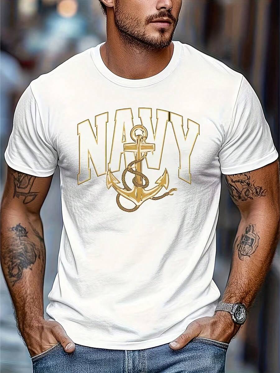 Navy Blue T-Shirt With "Navy" Print - Slightly Stretchy Fabric, Regular Fit, Casual Summer T-Shirt, Anchor Design, Lightweight And Breathable, Suitable For Casual Wear, Breathable Clothing, T-Shirt With Bold Print, Comfortable Fit. - 白色的 - 查看 1