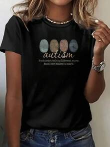 Beautiful Blouses, White Awareness T-Shirt With Fingerprint And Text Print, Each Print Tells A Different Story, Each One Leaves A Mark, Casual Women's Clothing, Everyday Outfits, 100% Cotton, Casual Blouses For Women - 黑色 - 查看 8