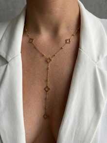 1pc Fashionable 18K Gold Plated Stainless Steel Four-Leaf Flower Bead Tassel Necklace, Minimalist Design Y-Shaped Necklace - Gold - View 3