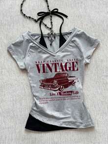 Camiseta de mujer casual de cuello en V retro, con atar, de manga corta y contraste de color, adecuada para el verano - Gris Claro 2 - Ver 9