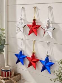 6pcs Patriotic Star Pendant, Red Blue Silver Pentagram Pendant, Independence Day Theme Decoration, American Style Party Decoration, Bright Star Pendant, Festival Atmosphere Decoration, DIY Tree Pendant, Party Supplies, Suitable For Home Wall, Window And Ceiling Decoration, Summer Celebration Event Decoration, Indoor And Outdoor Party Photography Props - Multicolor-a - View 4