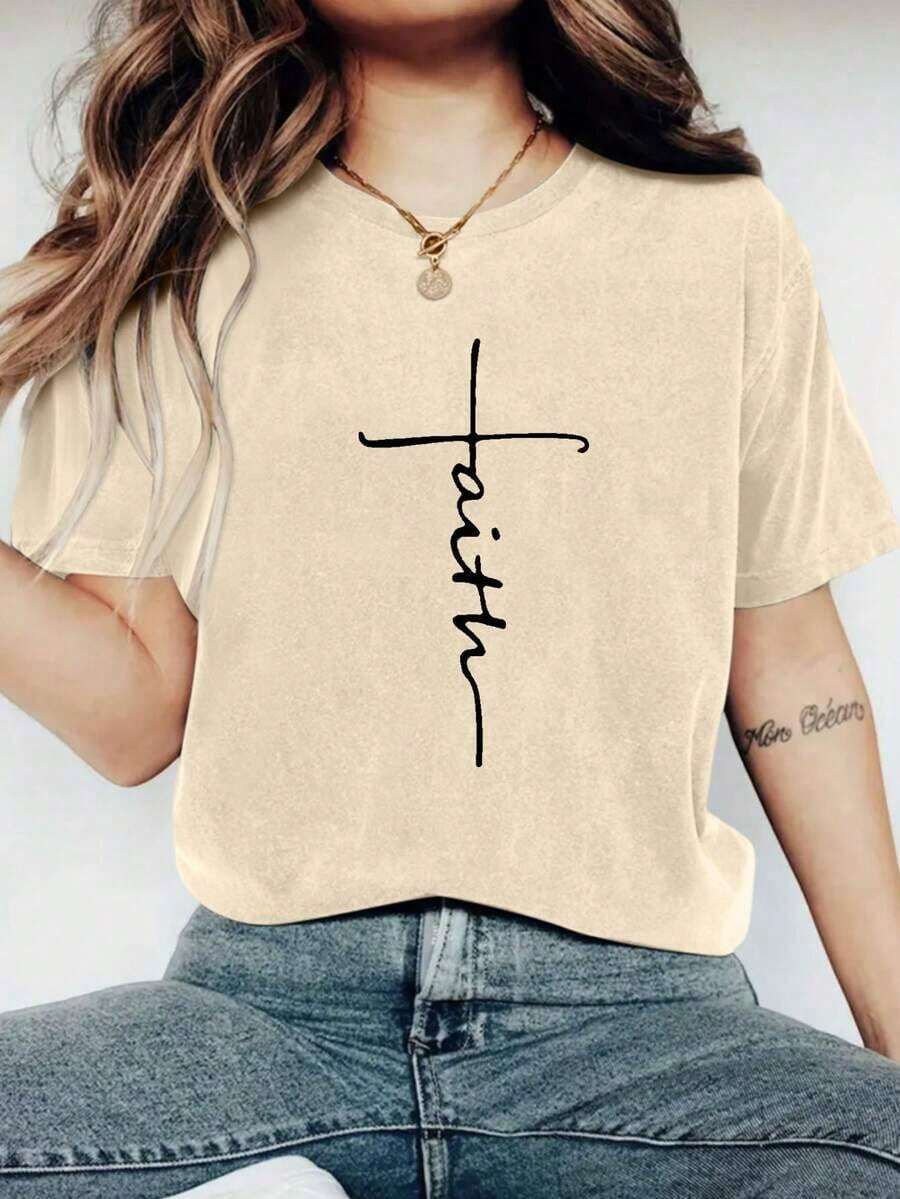 1 Pieza de Moda Casual para Hombres y Mujeres - Camiseta Holgada de Gran Tamaño con Estampado FAITH para Mujer - Tejido de Poliéster Casual con Cuello Redondo, Comodidad para Todas las Temporadas, Top Festivo para Vacaciones, 1 Pieza, versátil, fácil de combinar, uso diario, estilo urbano, ropa de vacaciones, ropa de fin de semana. - Albaricoque - Ver 1