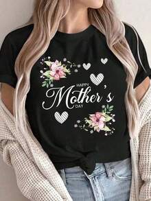 NewSummerCasualCamiseta versatile, suitable for streetwear, daily outings, camping, concerts, hip-hop, rock, and rap events de Día de la Madre para Mujer - "Feliz Día de la Madre" con Estampado Floral de Flores Rosas y Hojas Verdes, Cuello Redondo Casual, Manga Corta, Mezcla de Poliéster Suave, Ideal para Celebraciones de Primavera y Verano, Regalos de Día de la Madre para Mamá-Vintage Street Style Unisex Loose Cotton Short Sleeve Crew Neck T-Shirt - Negro - Ver 1