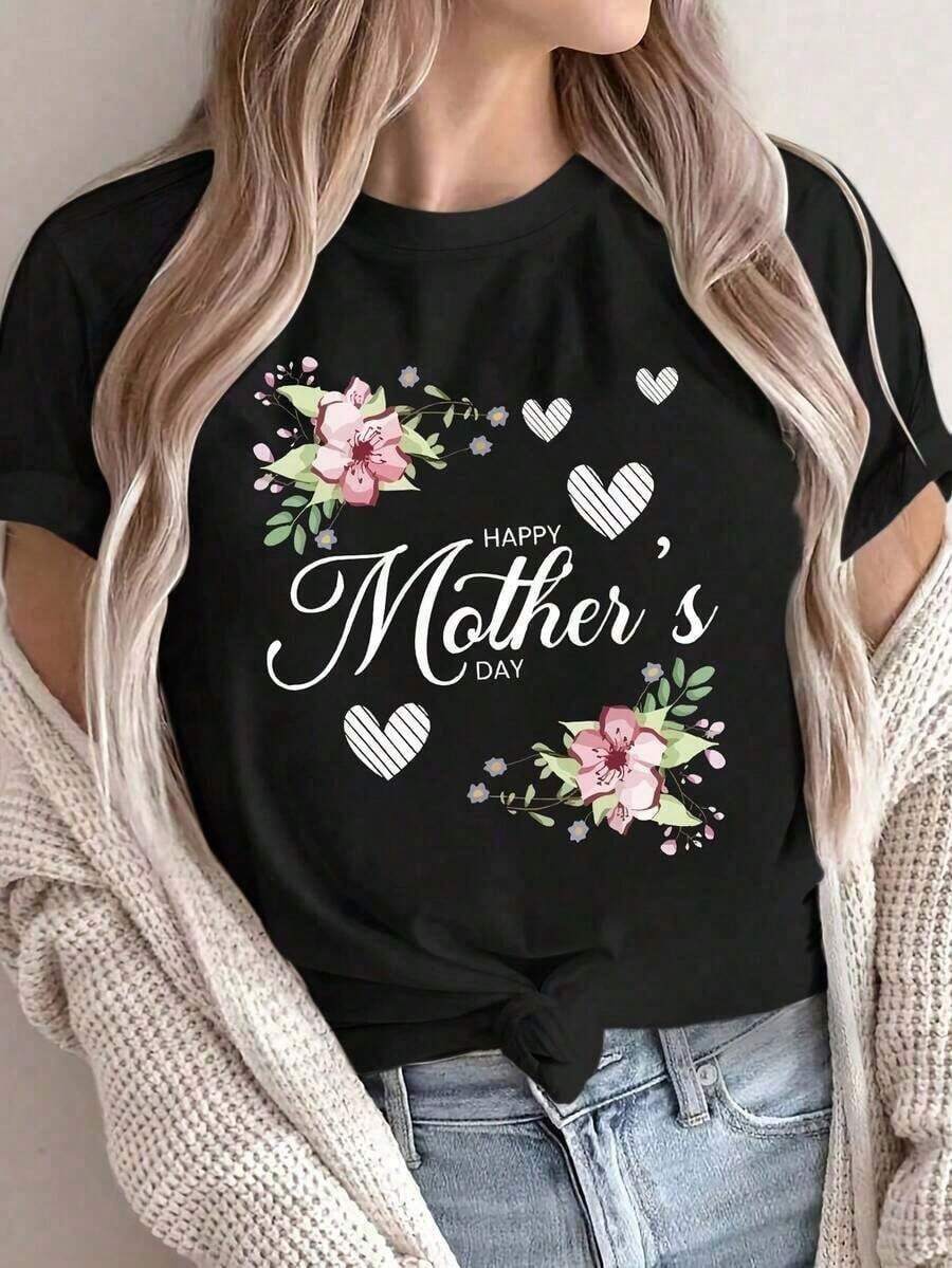 NewSummerCasualCamiseta versatile, suitable for streetwear, daily outings, camping, concerts, hip-hop, rock, and rap events de Día de la Madre para Mujer - "Feliz Día de la Madre" con Estampado Floral de Flores Rosas y Hojas Verdes, Cuello Redondo Casual, Manga Corta, Mezcla de Poliéster Suave, Ideal para Celebraciones de Primavera y Verano, Regalos de Día de la Madre para Mamá-Vintage Street Style Unisex Loose Cotton Short Sleeve Crew Neck T-Shirt - Negro - Ver 1