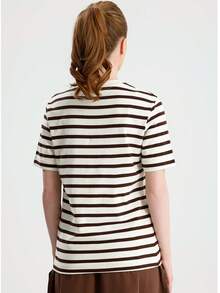 RoseArya Cotton Contrast Ecru Collar Brown Striped T-Shirt - Brown - View 5