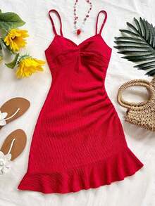 Vestido mini ajustado con cintura ceñida, bajo con volantes y giro asimétrico en el pecho, tejido en rojo, adecuado para vacaciones, citas, té de la tarde, vacaciones, festivales de música, estilo bohemio - Rojo - Ver 3