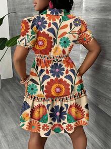 Vestido mini minimalista casual de mujer, adecuado para el verano, las vacaciones, estampado floral tropical, manga abullonada, corte evasé, estilo bohemio - Azul marino - Ver 10