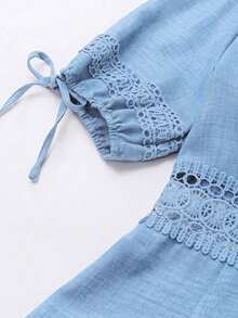 Clasi Vestido mini de manga abullonada con ribete de encaje de unicolor para mujer, para verano - Celeste - Ver 4