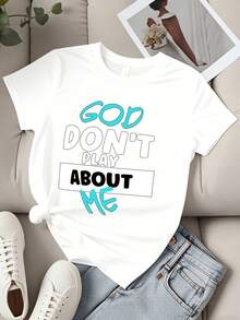 Camiseta de regalo para mujer, casual, de corte holgado, con cuello redondo, estampado gráfico 'God Dont Play About Me', camiseta con declaración religiosa para uso diario y expresión de fe. - Blanco - Ver 3