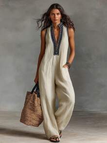 Las mujeres son simples y sin mangas con cremallera y collar con bordado. - Albaricoque - Ver 6