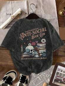Camiseta de cuello redondo para mujer con estampado vintage de calavera y eslogan, diseño cómodo y casual de manga corta, adecuada para amantes de los libros y personas con ansiedad social para uso diario, una prenda versátil para primavera y verano, talla grande. - Multicolor - Ver 3