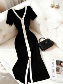 Vestido de manga corta con botones delanteros y ribete de punto, estilo elegante francés para mujer - Blanco y Negro - Ver 1