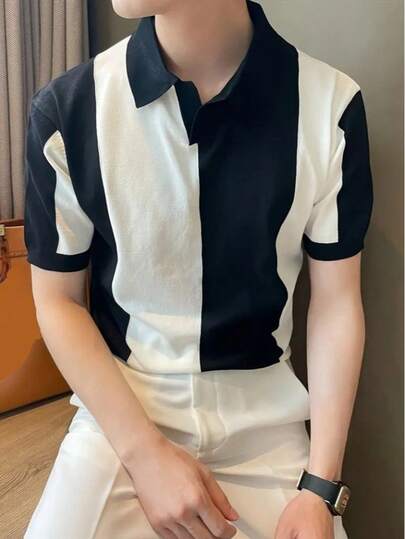Men's Short-Sleeved Polo Collar Block Pattern Knit Blouse, 24762