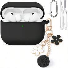 Funda protectora de silicona suave color rosa pálido compatible con Apple Pro 3, adecuada para niñas con cadena de flores, llavero y kit de limpieza - Negro - Ver 14