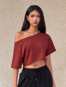 Top corto asimétrico de mujer con cuello blanco y flecos, camiseta de manga corta de moda versátil Y2K oversize y sexy, para primavera/verano - Rojo - Ver 5