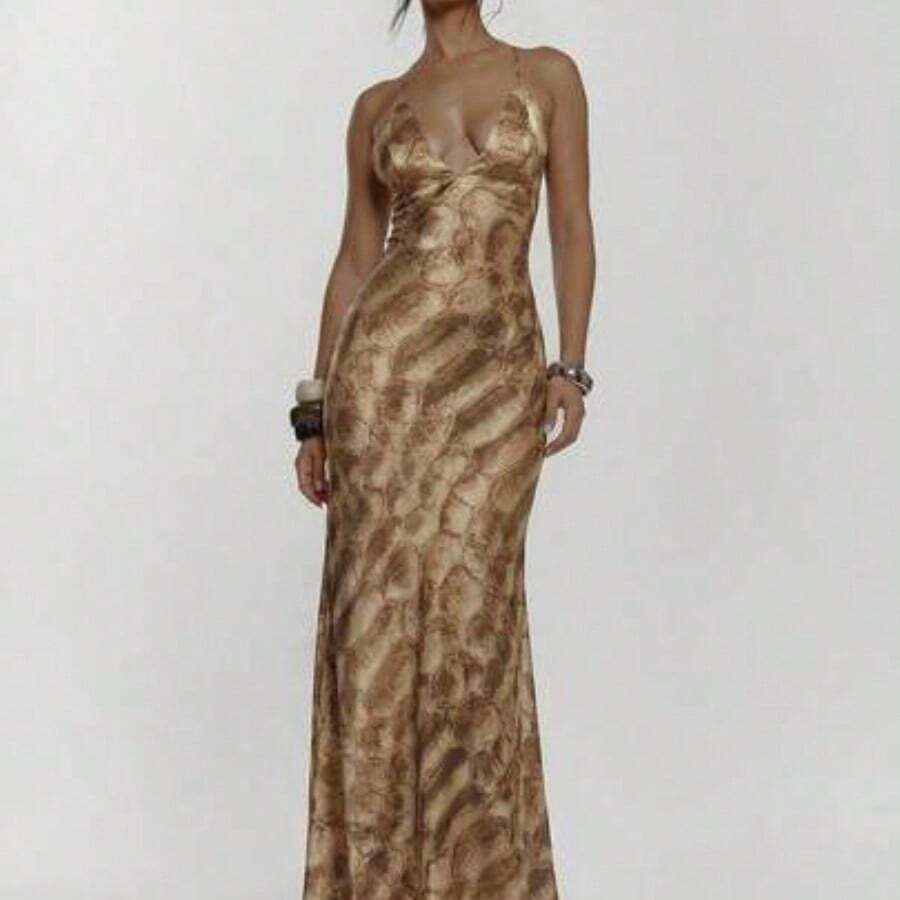 Lace Up Front Cup Detail Fitted Animal Print Maxi Dress Sexy Going Out Autumn Fall Night Out Cute Streetwear Party Elegant Spring Summer Vacation - Camel - Ver 1